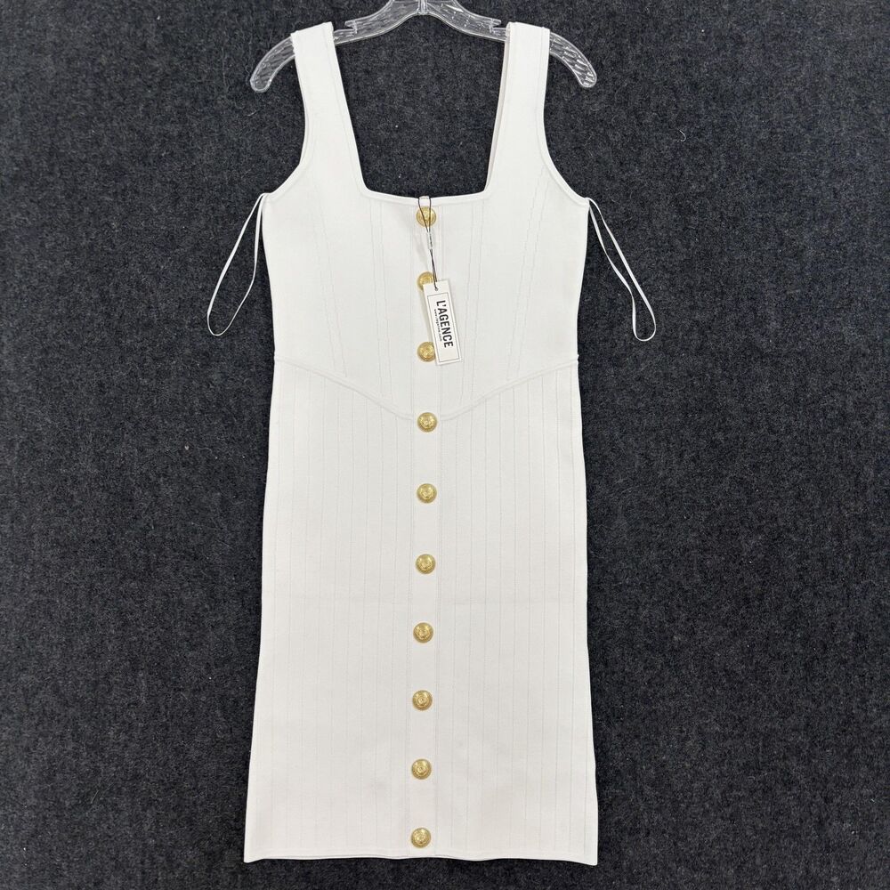 L'Agence Soleil Knit Dress Women's Large White Gold Buttons Bodycon Square Neck